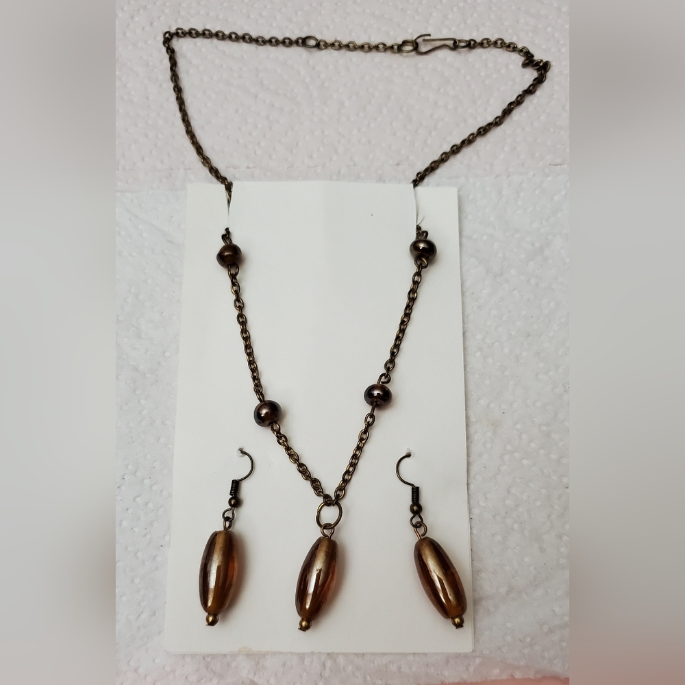 Amber Glass Bead Necklace And Earrings** Pierced Dangle Earrings**16" Chain